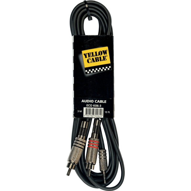 Câble Adaptateur Mini-jack 3,5 Mm Mâle Vers 2 RCA Mâle – 3 Mètres, Fiches Métal, Couleur Jaune