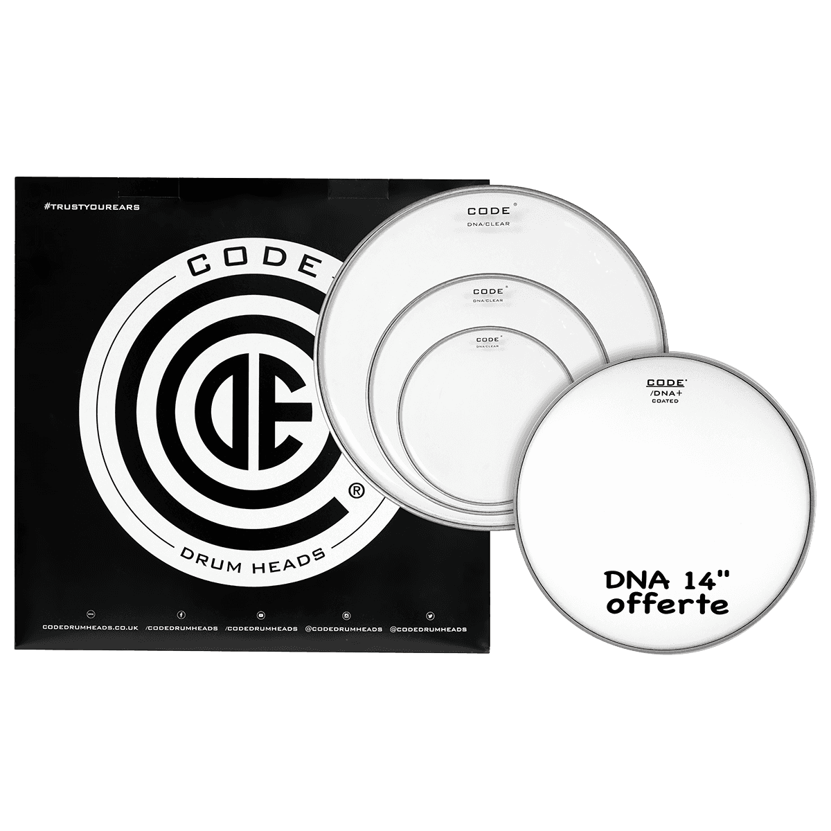 CODE DRUMHEADS PACK DNA Transparente 10"/12"/16"+ DNA 14"